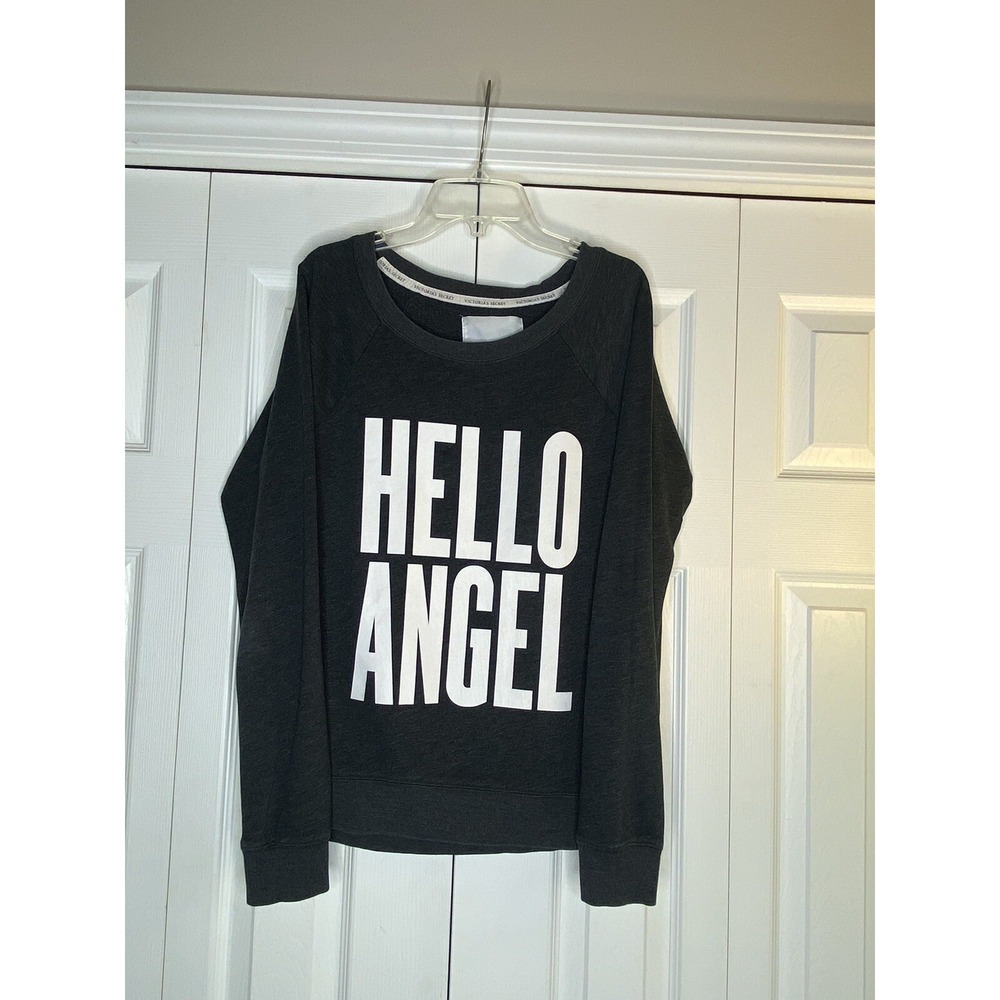 Victoria Secret Sweatshirt Hello Angel Logo Pullover Lightweight Gray White Sz S